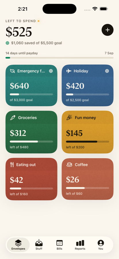 Tuckfly home screen showing colourful budget envelopes